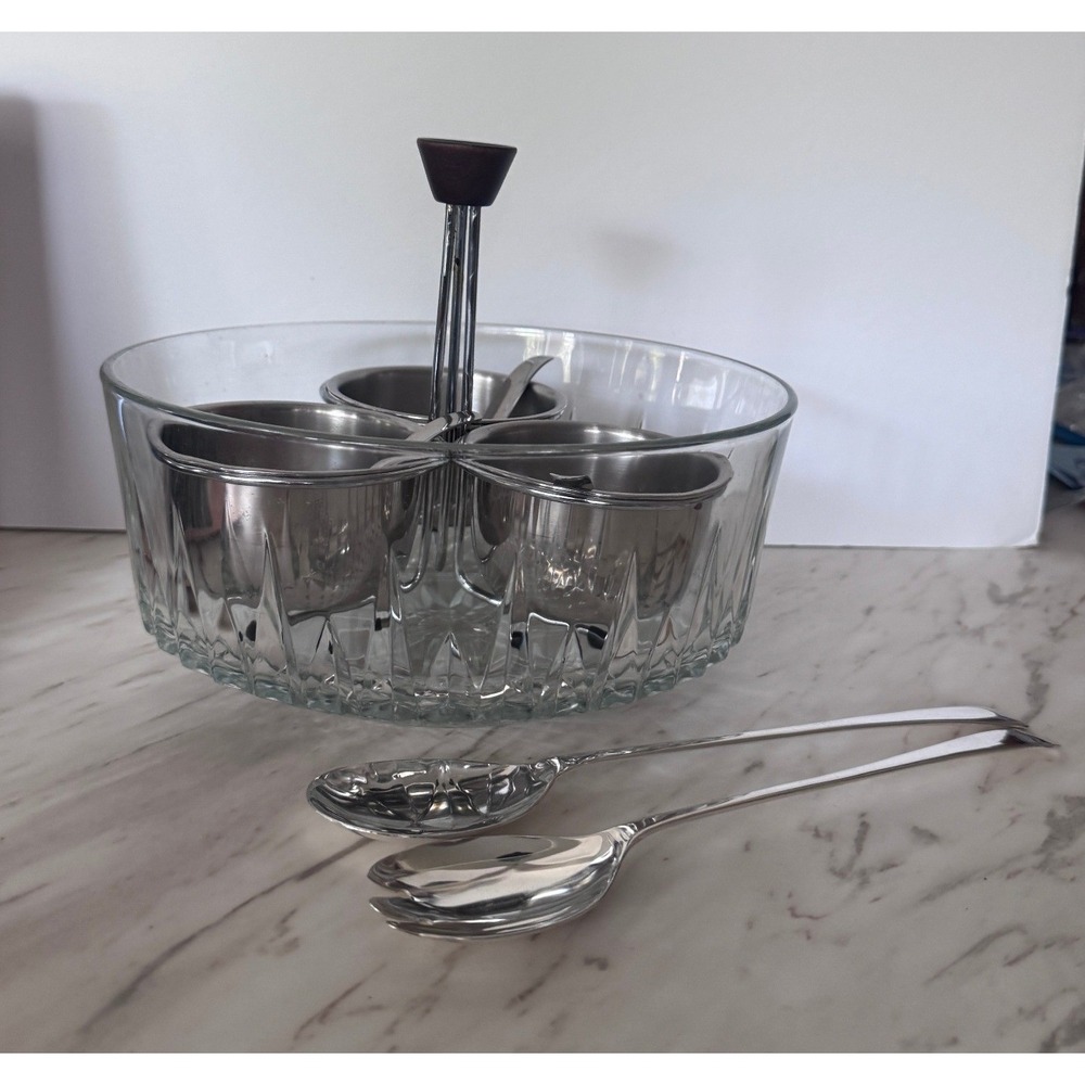 Vintage  Salad Set Glass Bowl Condiment Caddy  silver utensils salt  pepper MCM